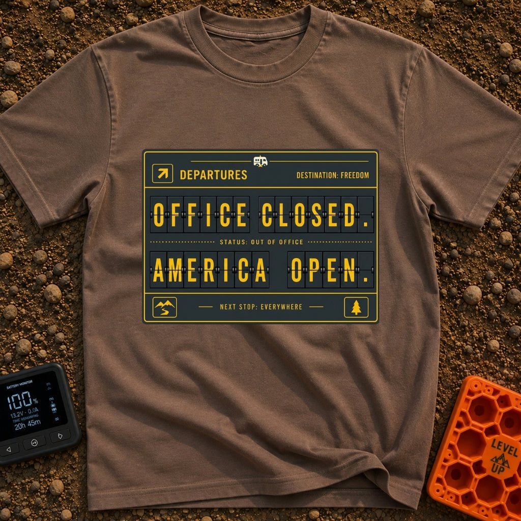 Office Closed Road Open - T-Shirt in Espresso - A digital illustration of a mechanical split-flap departure board with...