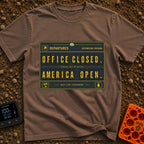 Office Closed Road Open - T-Shirt in Espresso - A digital illustration of a mechanical split-flap departure board with...