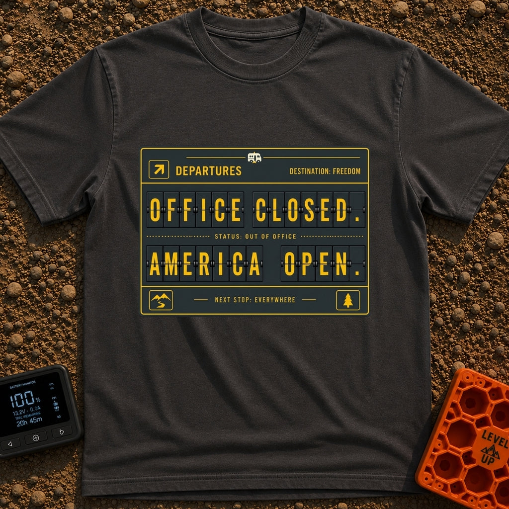 Office Closed Road Open - T-Shirt in Graphite - A digital illustration of a mechanical split-flap departure board with...