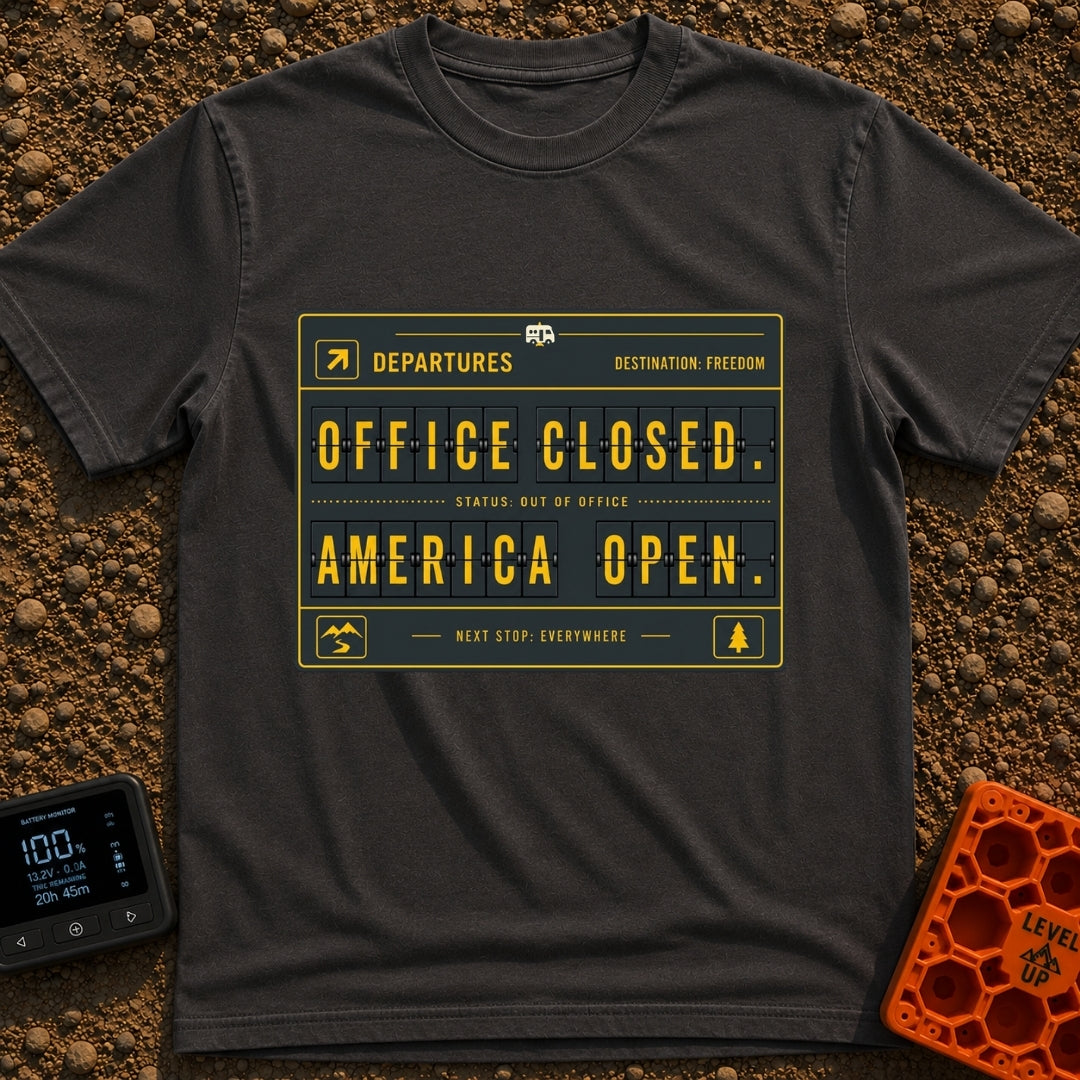 Office Closed Road Open - T-Shirt in Graphite - A digital illustration of a mechanical split-flap departure board with...