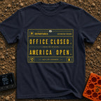 Office Closed Road Open - T-Shirt in Navy - A digital illustration of a mechanical split-flap departure board with yellow...