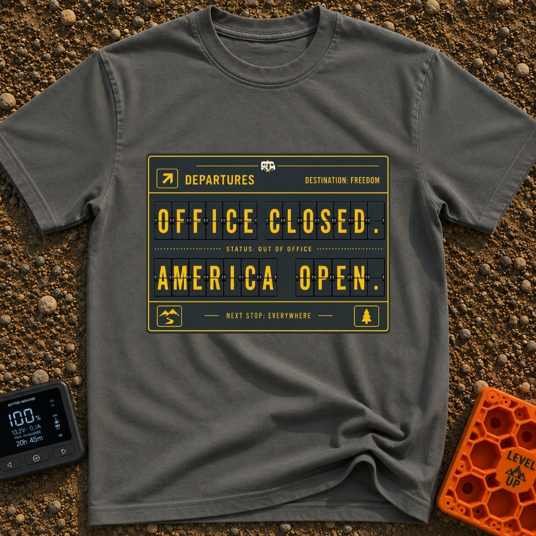Office Closed Road Open - T-Shirt in Pepper - A digital illustration of a mechanical split-flap departure board with...
