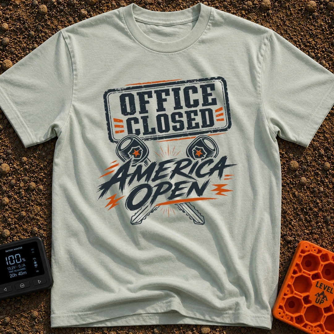 Office Closed America Open - T-Shirt in Bay - A graphic design featuring the text 'OFFICE CLOSED' in a distressed...