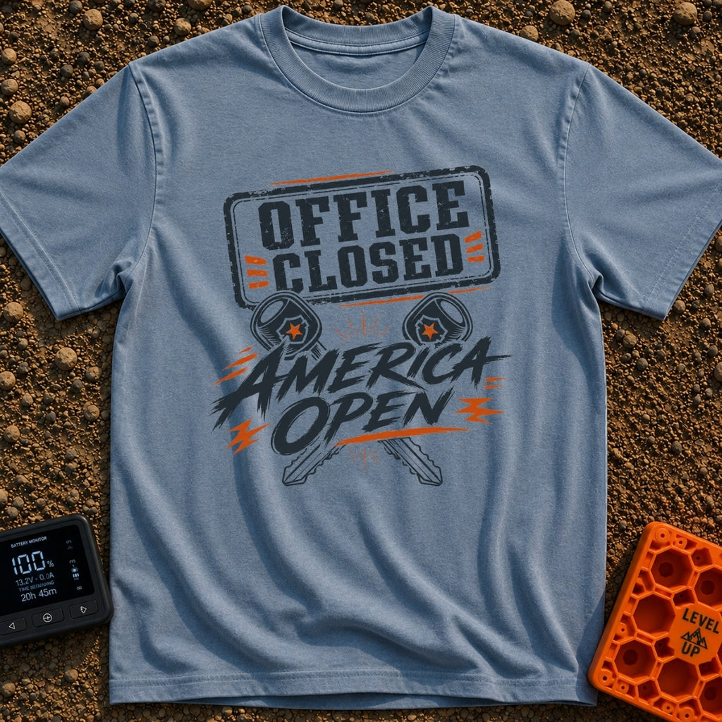 Office Closed America Open - T-Shirt in Blue Jean - A graphic design featuring the text 'OFFICE CLOSED' in a distressed...