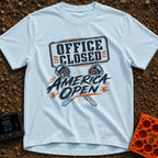 Office Closed America Open - T-Shirt in Chambray - A graphic design featuring the text 'OFFICE CLOSED' in a distressed...