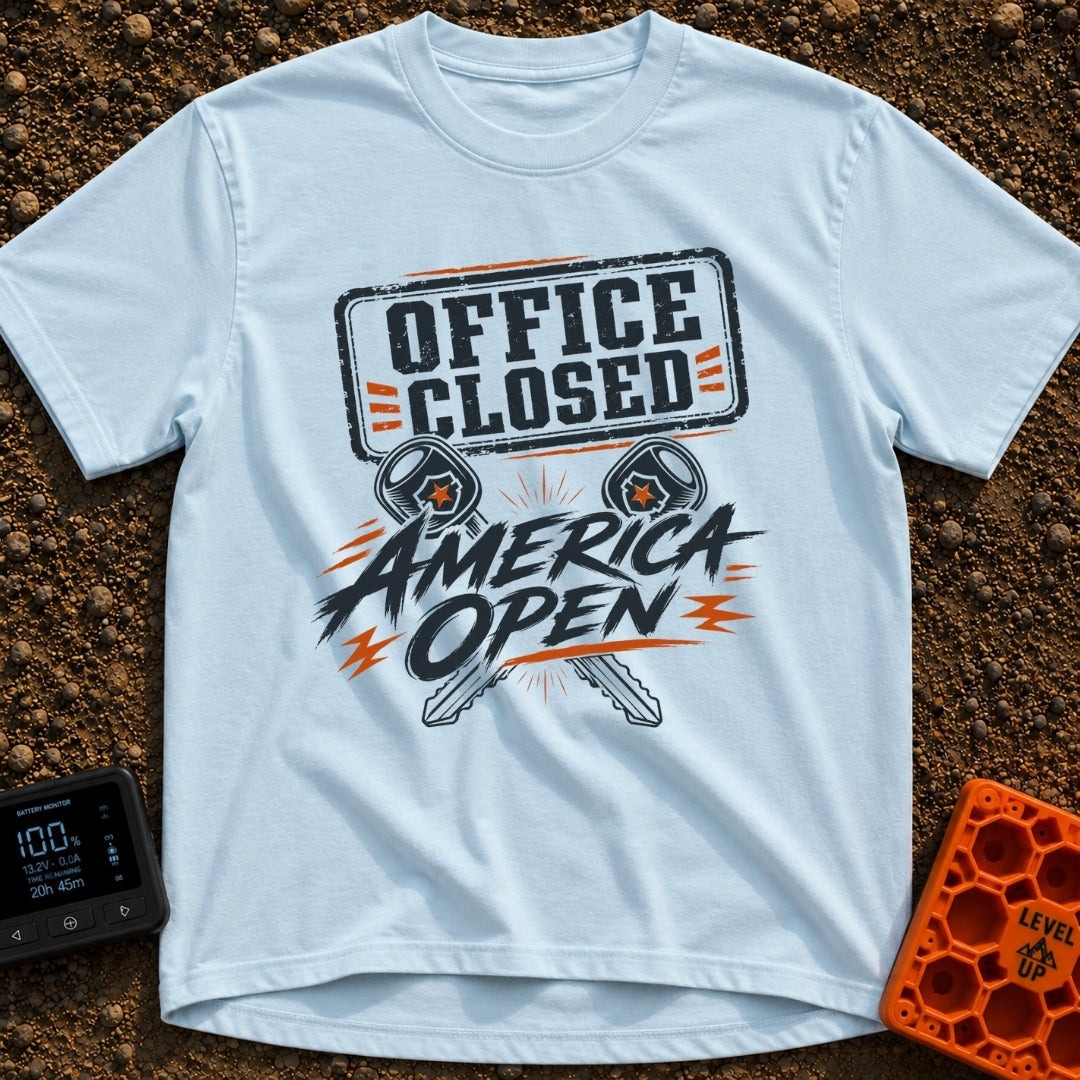 Office Closed America Open - T-Shirt in Chambray - A graphic design featuring the text 'OFFICE CLOSED' in a distressed...