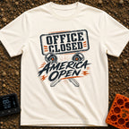 Office Closed America Open - T-Shirt in Ivory - A graphic design featuring the text 'OFFICE CLOSED' in a distressed...