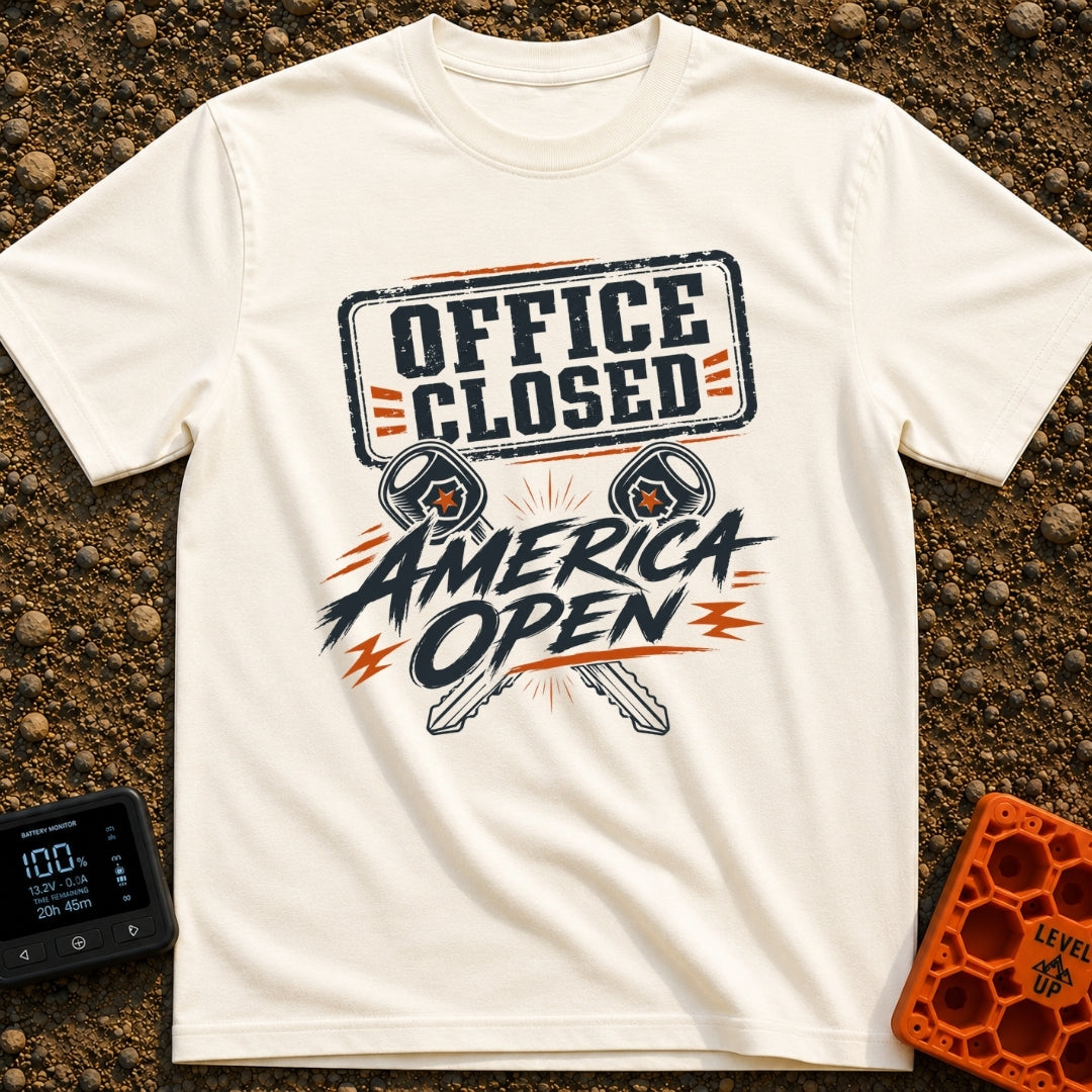 Office Closed America Open - T-Shirt in Ivory - A graphic design featuring the text 'OFFICE CLOSED' in a distressed...