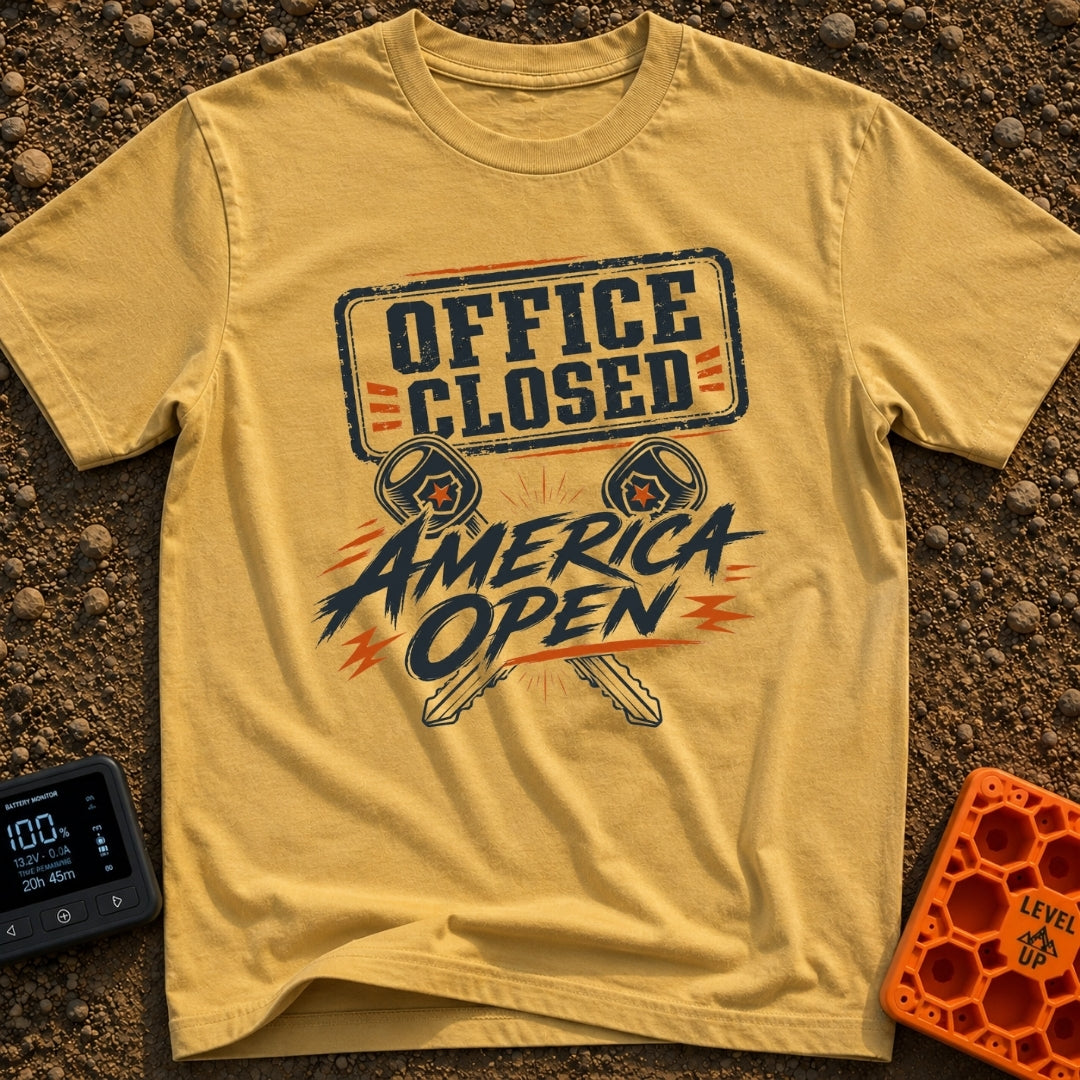 Office Closed America Open - T-Shirt in Mustard - A graphic design featuring the text 'OFFICE CLOSED' in a distressed...