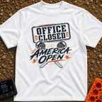 Office Closed America Open - T-Shirt in White - A graphic design featuring the text 'OFFICE CLOSED' in a distressed...