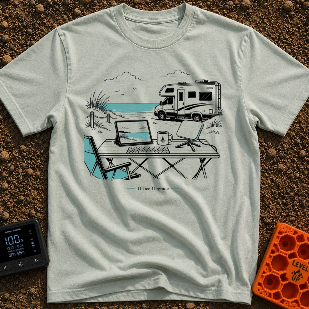 The New Corner Office - T-Shirt in Bay - A line-art illustration of an outdoor workspace set up on a beach in front of a...