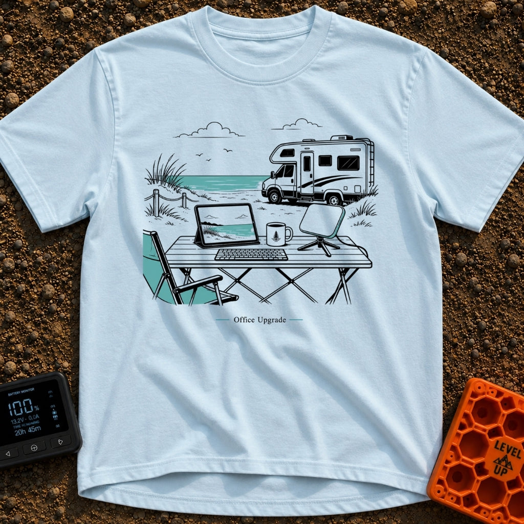 The New Corner Office - T-Shirt in Chambray - A line-art illustration of an outdoor workspace set up on a beach in front...