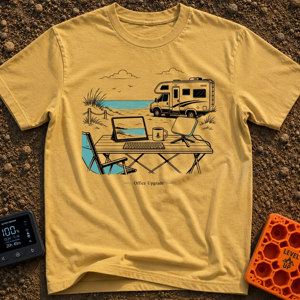 The New Corner Office - T-Shirt in Mustard - A line-art illustration of an outdoor workspace set up on a beach in front...