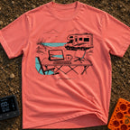 The New Corner Office - T-Shirt in Watermelon - A line-art illustration of an outdoor workspace set up on a beach in...