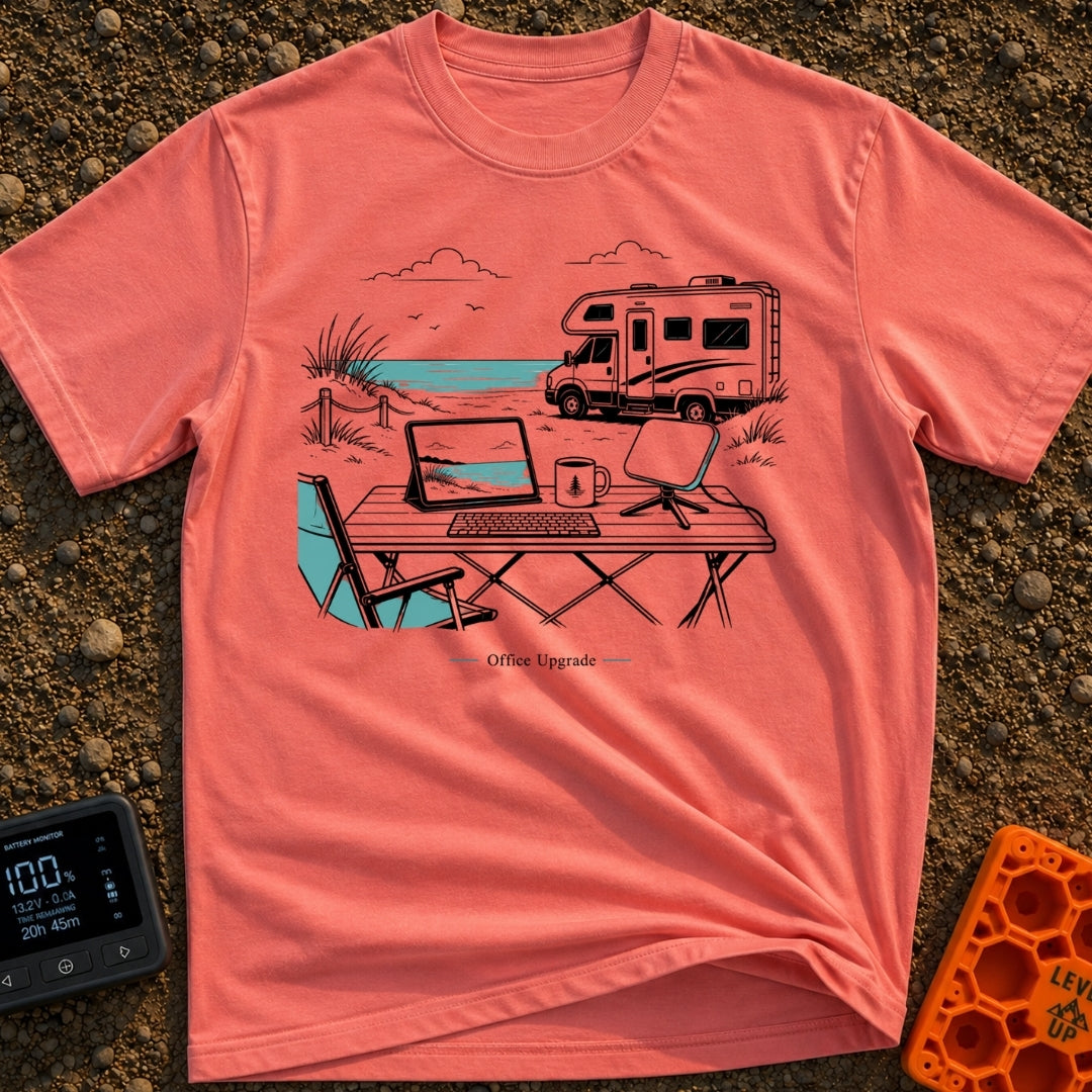 The New Corner Office - T-Shirt in Watermelon - A line-art illustration of an outdoor workspace set up on a beach in...