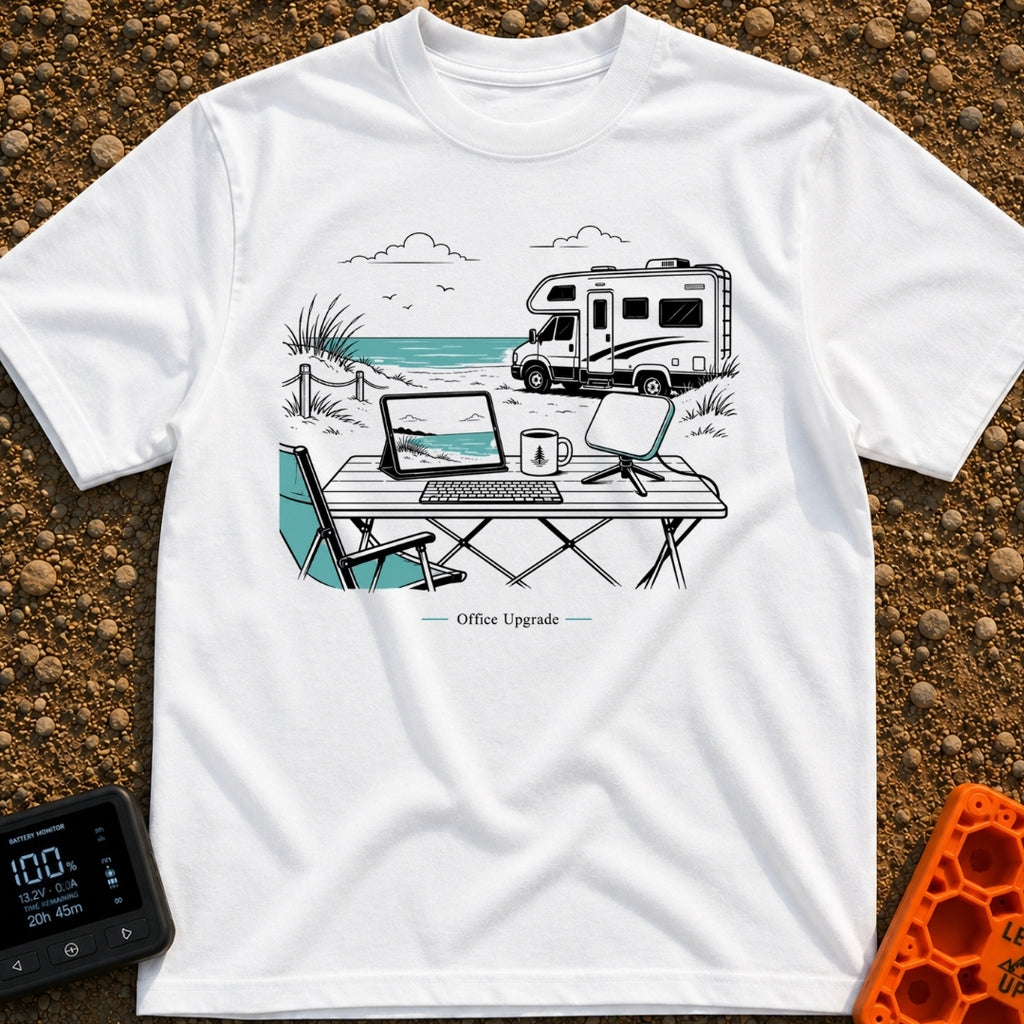 The New Corner Office - T-Shirt in White - A line-art illustration of an outdoor workspace set up on a beach in front of...