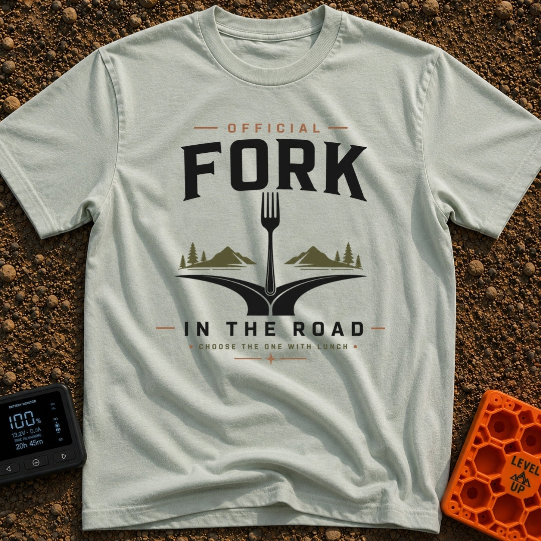 Forking Adventure Awaits - T-Shirt in Bay - A graphic illustration of a literal dining fork standing vertically at the...