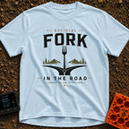 Forking Adventure Awaits - T-Shirt in Chambray - A graphic illustration of a literal dining fork standing vertically at...