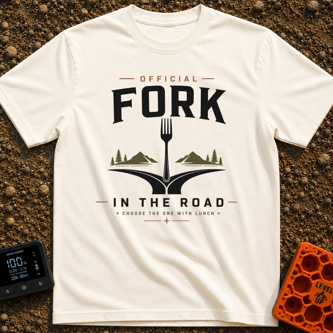 Forking Adventure Awaits - T-Shirt in Ivory - A graphic illustration of a literal dining fork standing vertically at the...