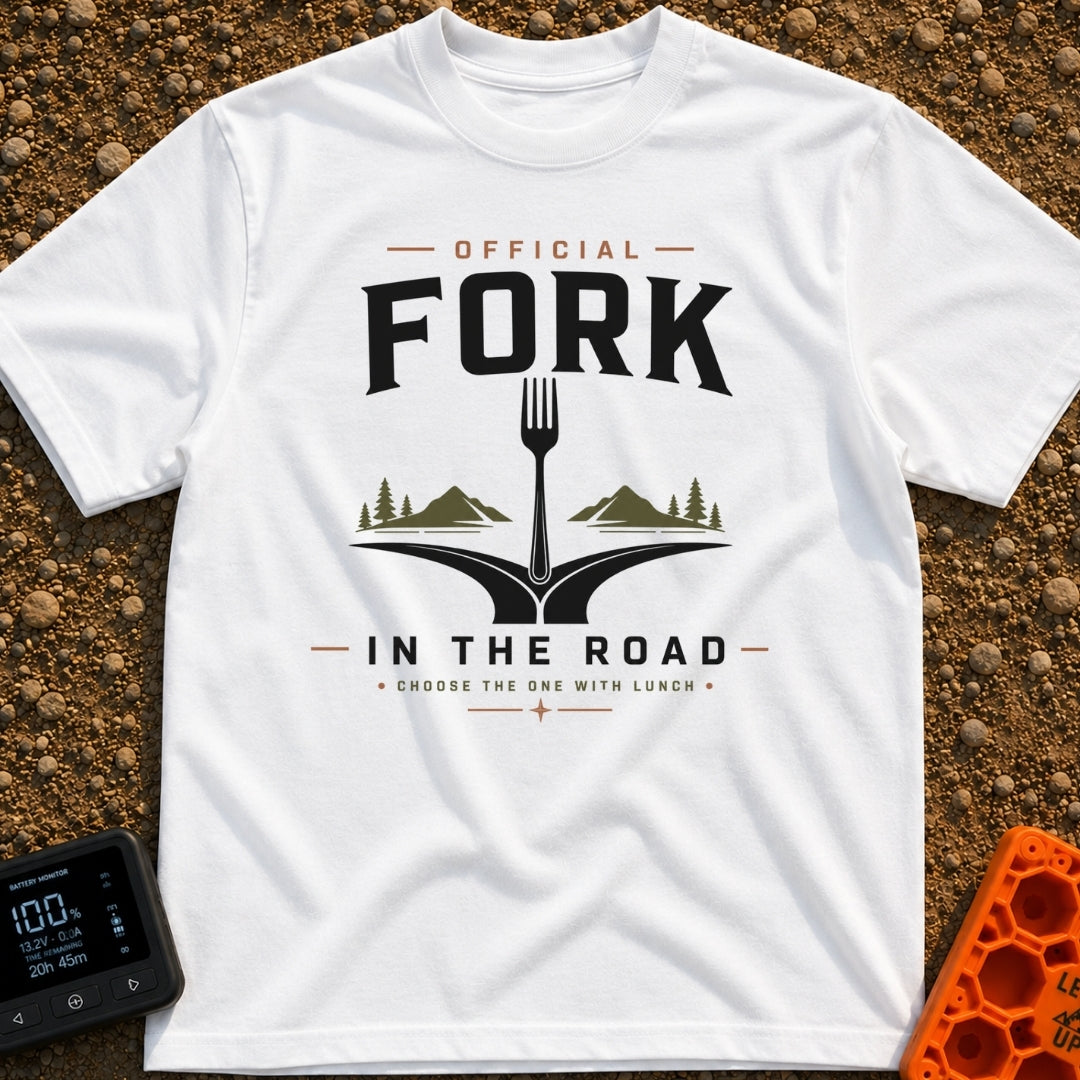 Forking Adventure Awaits - T-Shirt in White - A graphic illustration of a literal dining fork standing vertically at the...