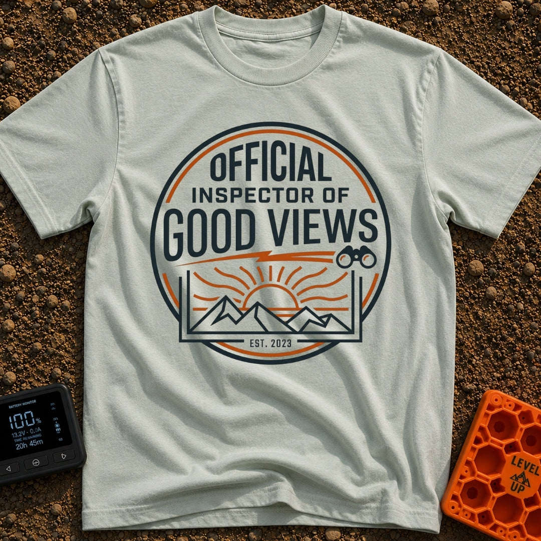 Inspector of Good Views - T-Shirt in Bay - A circular badge design featuring the text "OFFICIAL INSPECTOR OF GOOD VIEWS"...