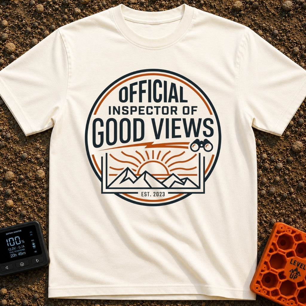 Inspector of Good Views - T-Shirt in Ivory - A circular badge design featuring the text "OFFICIAL INSPECTOR OF GOOD...