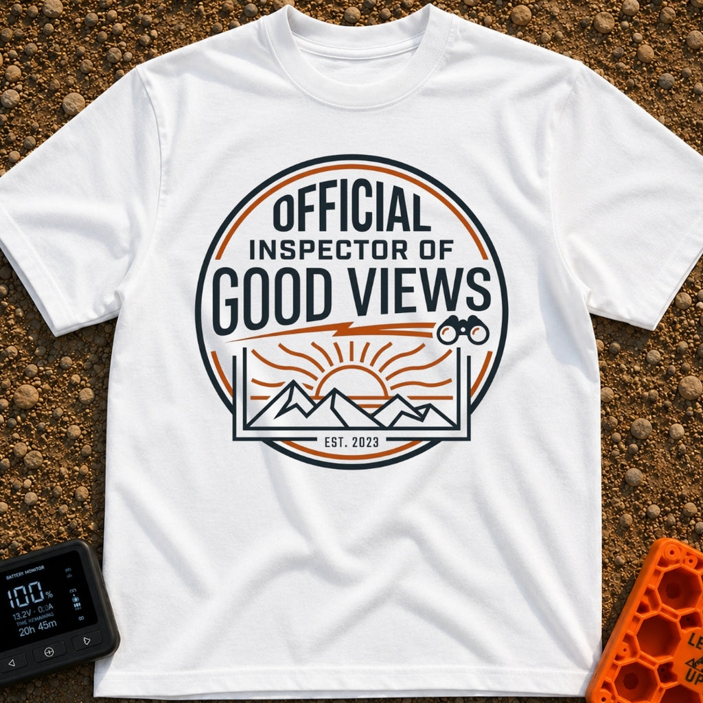 Inspector of Good Views - T-Shirt in White - A circular badge design featuring the text "OFFICIAL INSPECTOR OF GOOD...