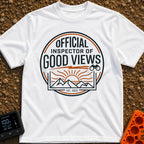 Inspector of Good Views - T-Shirt in White - A circular badge design featuring the text "OFFICIAL INSPECTOR OF GOOD...