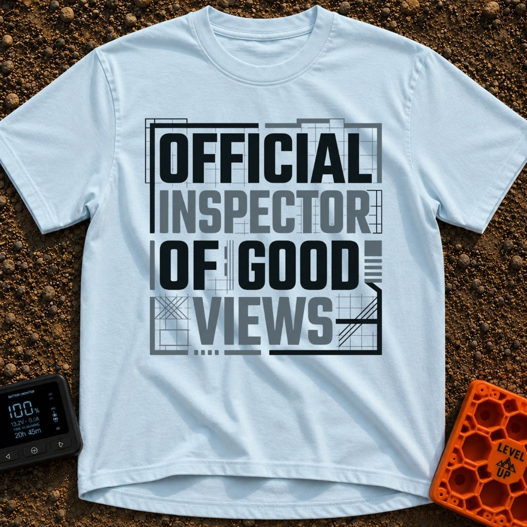 View Inspector Badge - T-Shirt in Chambray - The design features the text "OFFICIAL INSPECTOR OF GOOD VIEWS" in large,...
