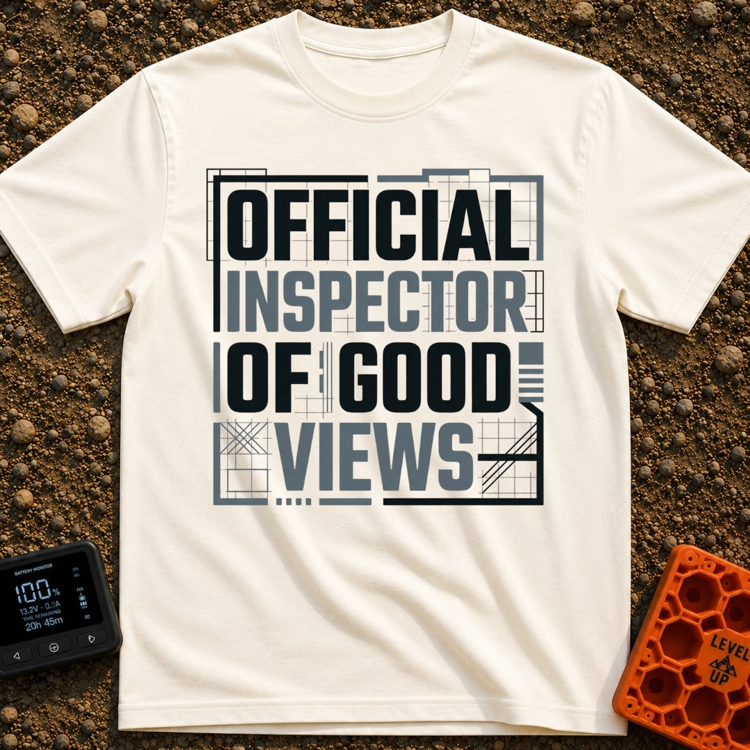 View Inspector Badge - T-Shirt in Ivory - The design features the text "OFFICIAL INSPECTOR OF GOOD VIEWS" in large, bold,...