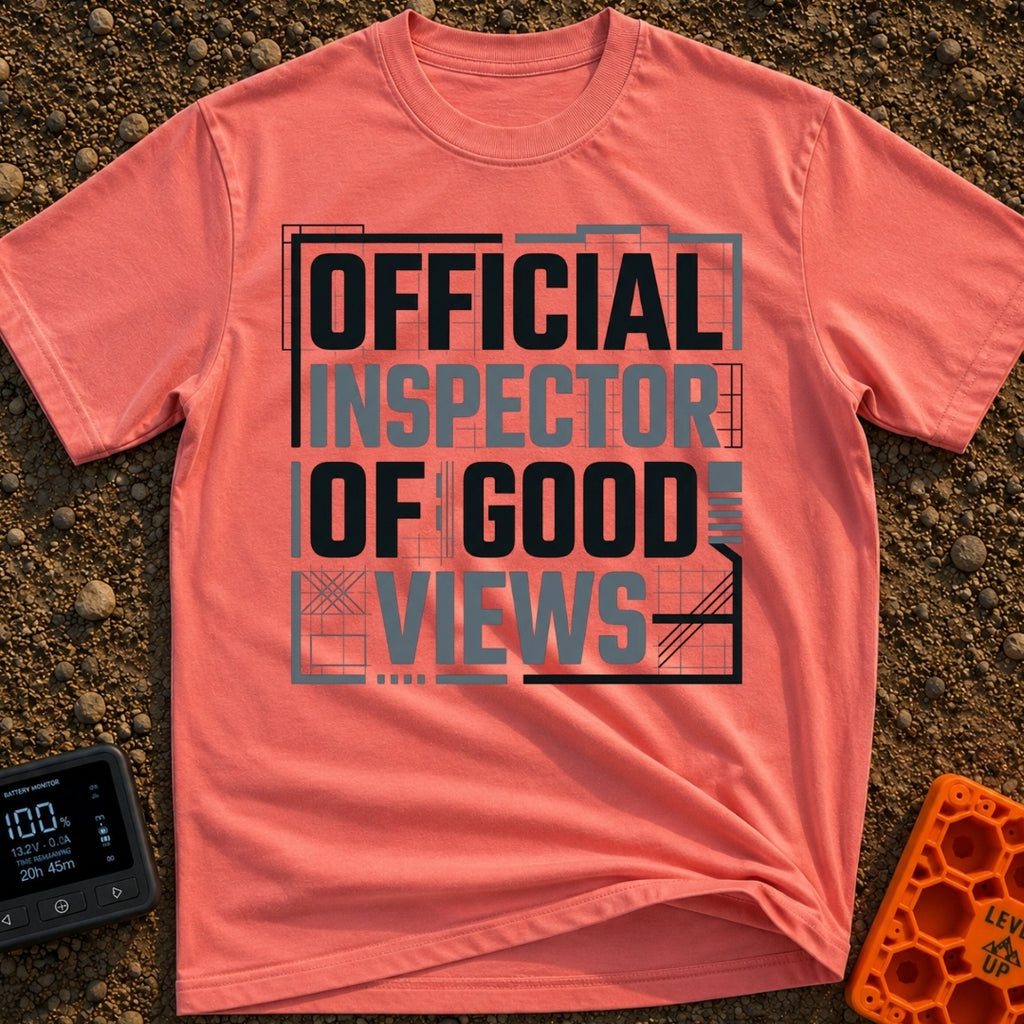 View Inspector Badge - T-Shirt in Watermelon - The design features the text "OFFICIAL INSPECTOR OF GOOD VIEWS" in large,...