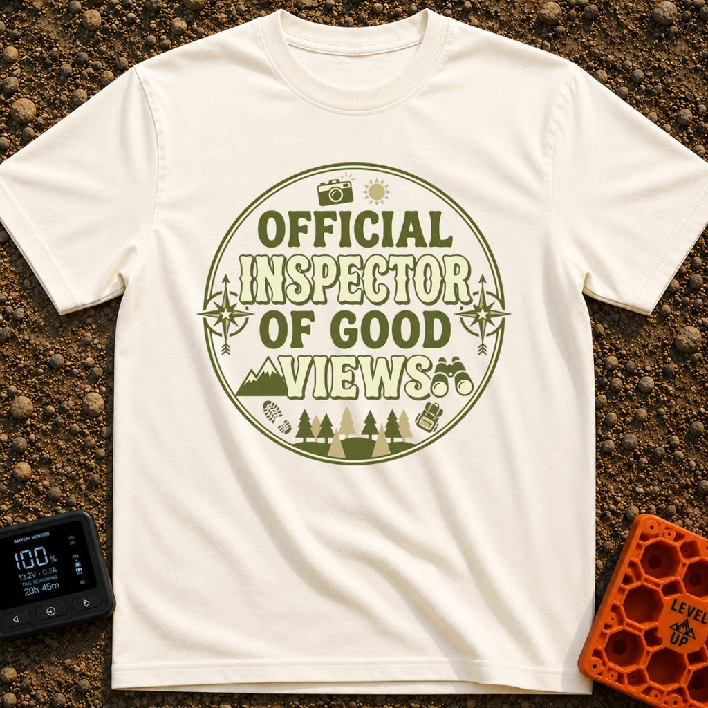View Quality Inspector - T-Shirt in Ivory - A circular badge design featuring the text "OFFICIAL INSPECTOR OF GOOD VIEWS"...