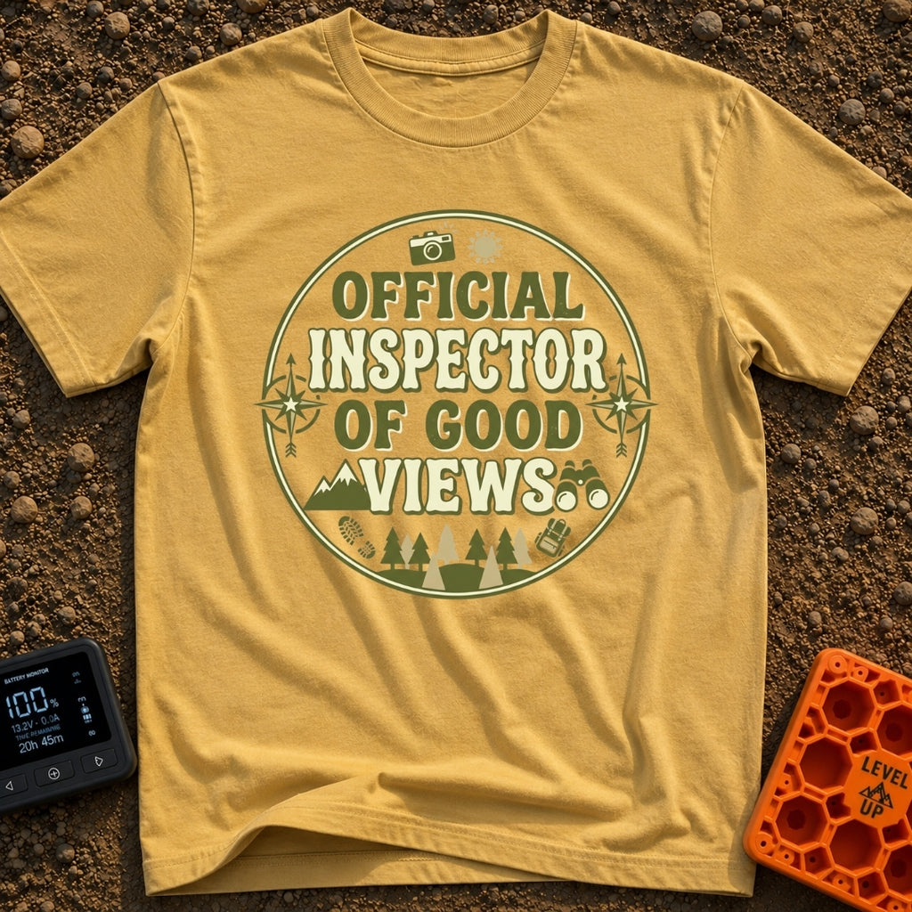 View Quality Inspector - T-Shirt in Mustard - A circular badge design featuring the text "OFFICIAL INSPECTOR OF GOOD...