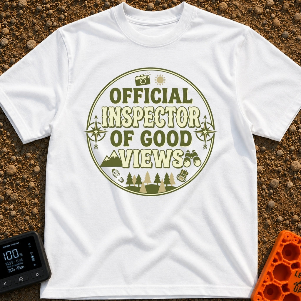 View Quality Inspector - T-Shirt in White - A circular badge design featuring the text "OFFICIAL INSPECTOR OF GOOD VIEWS"...