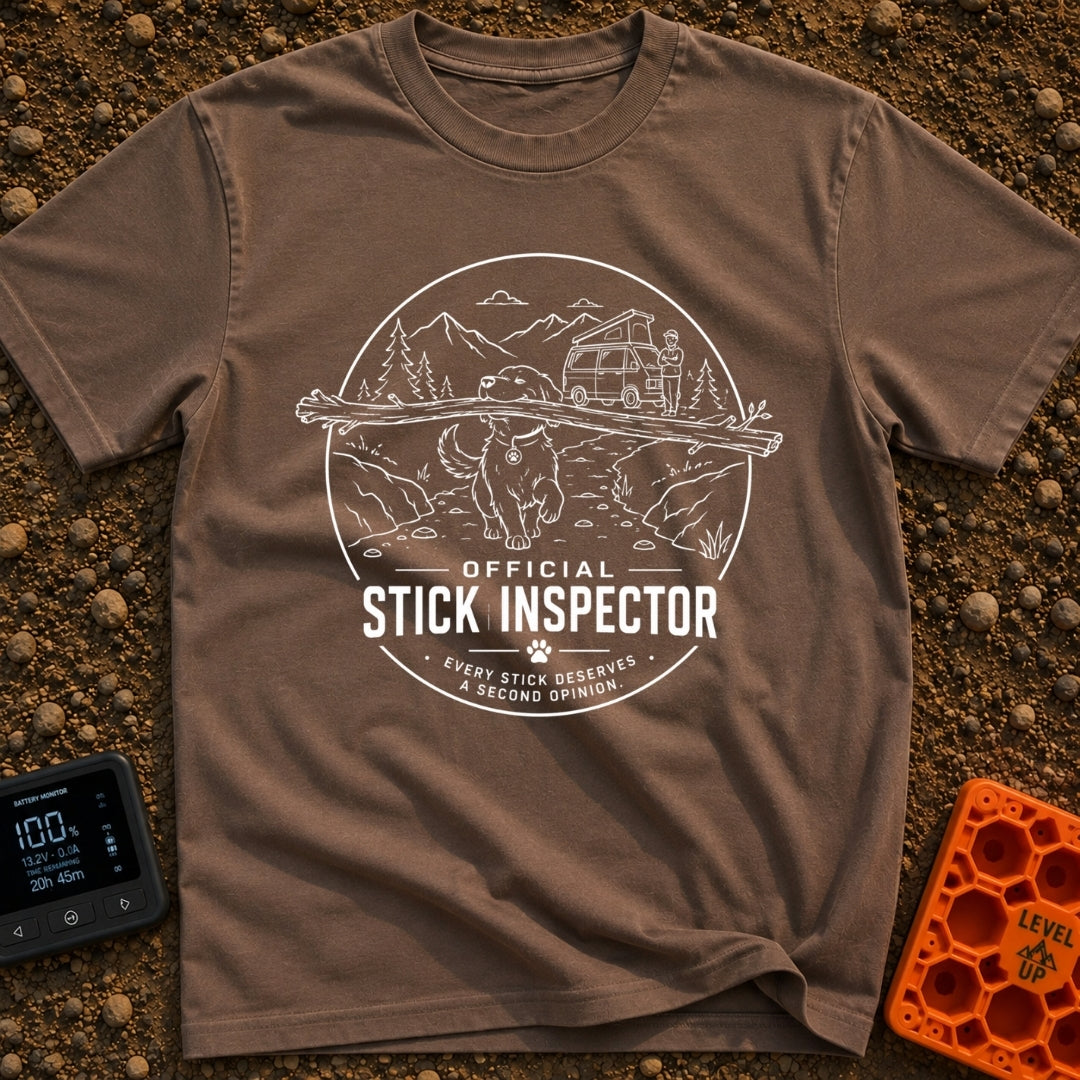 Stick It To’em - T-Shirt in Espresso - A line-art illustration of a large dog carrying a massive branch in its mouth in...