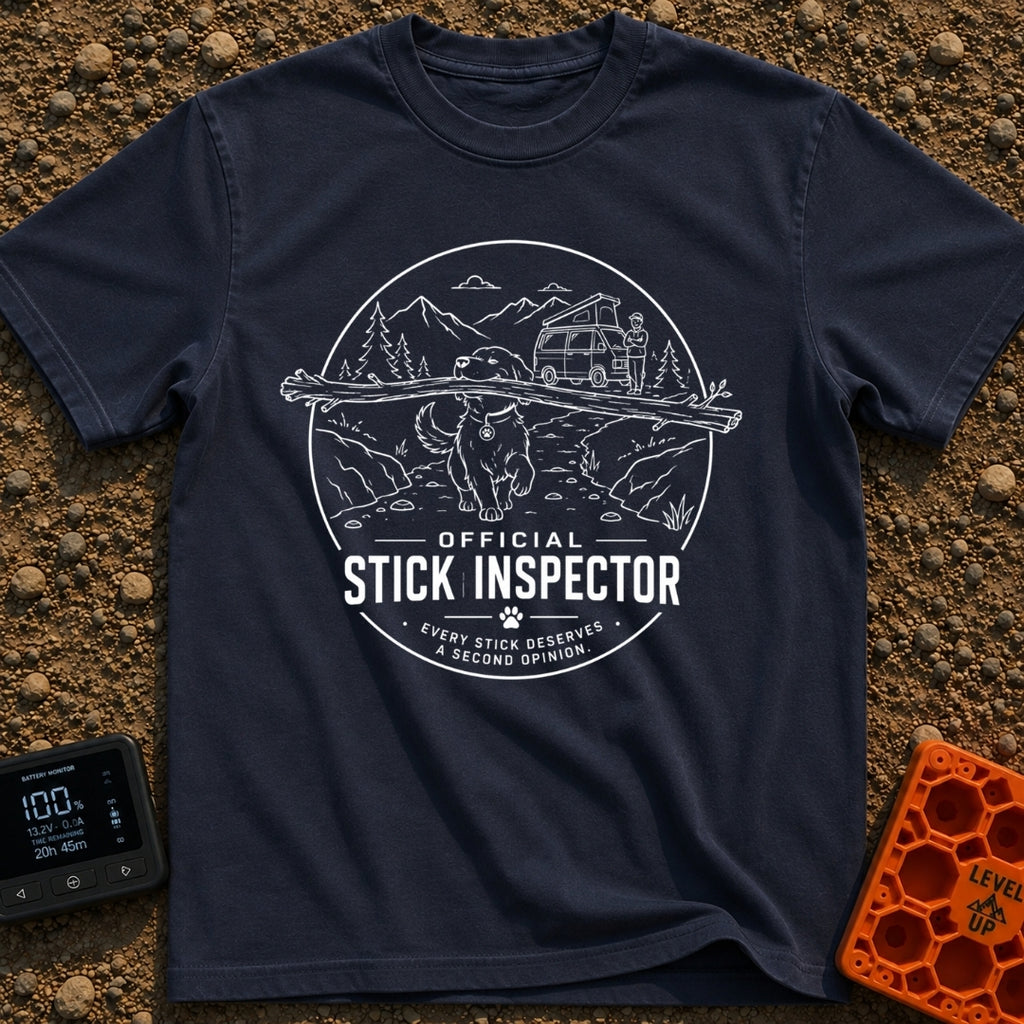 Stick It To’em - T-Shirt in Navy - A line-art illustration of a large dog carrying a massive branch in its mouth in the...
