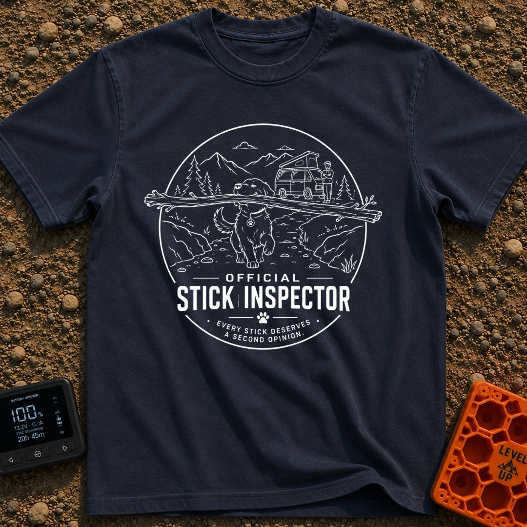 Stick It To’em - T-Shirt in Navy - A line-art illustration of a large dog carrying a massive branch in its mouth in the...