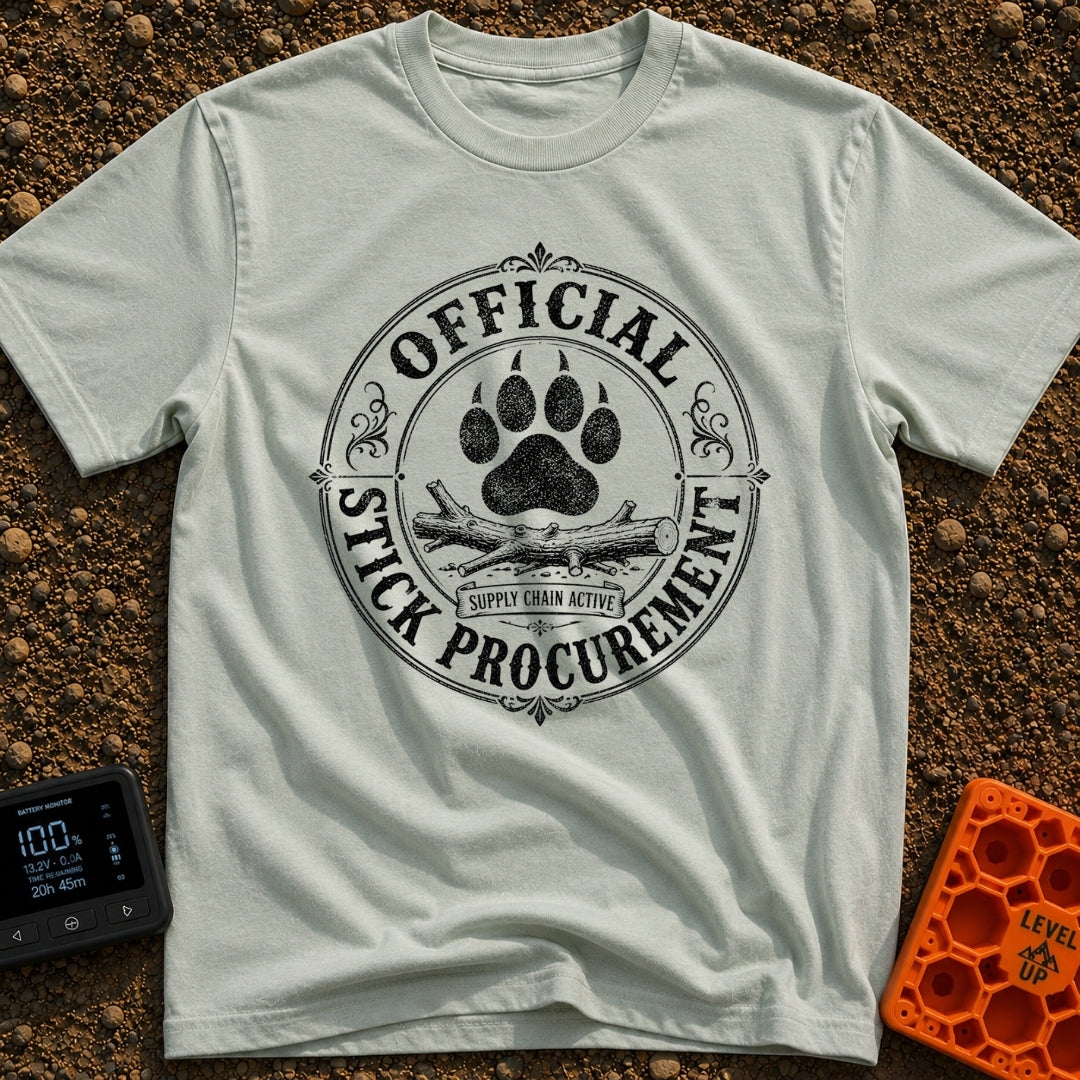 Chief Stick Officer - T-Shirt in Bay - A vintage-style circular badge design featuring a large paw print hovering over a...