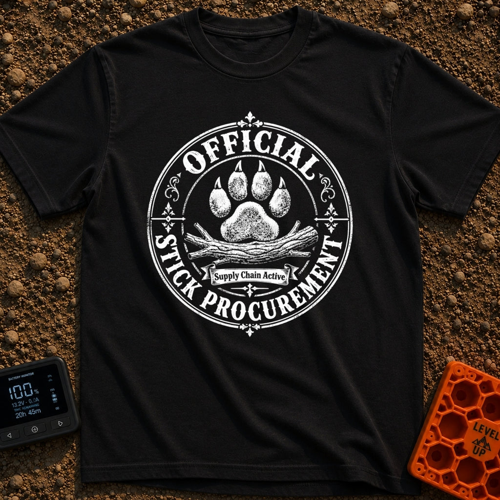 Chief Stick Officer - T-Shirt in Black - A vintage-style circular badge design featuring a large paw print hovering over...