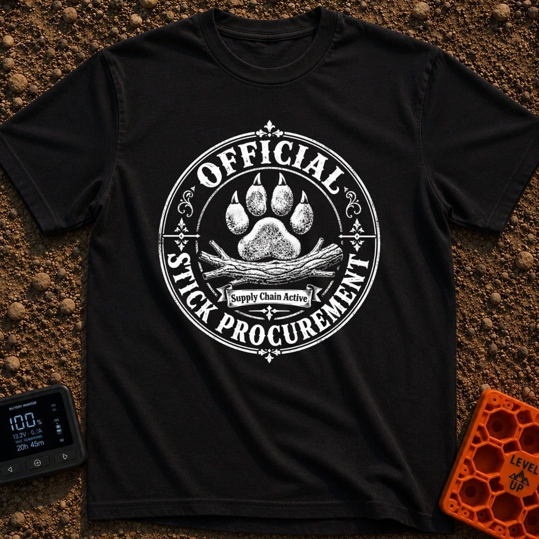 Chief Stick Officer - T-Shirt in Black - A vintage-style circular badge design featuring a large paw print hovering over...