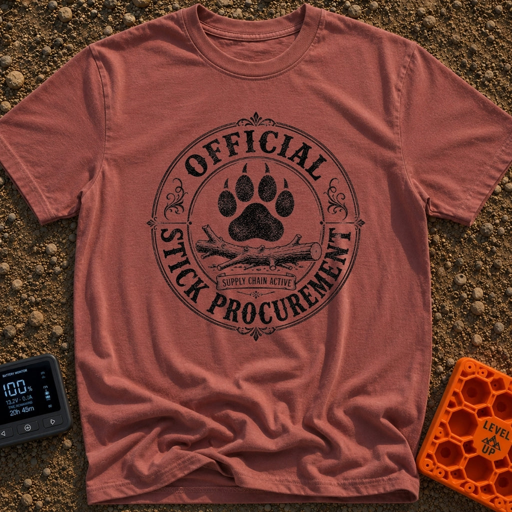 Chief Stick Officer - T-Shirt in Brick - A vintage-style circular badge design featuring a large paw print hovering over...