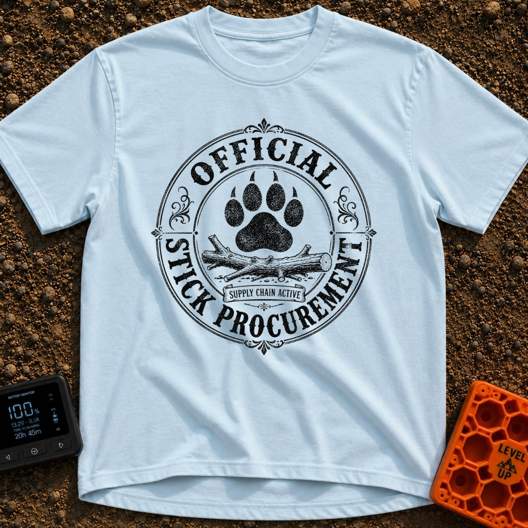 Chief Stick Officer - T-Shirt in Chambray - A vintage-style circular badge design featuring a large paw print hovering...