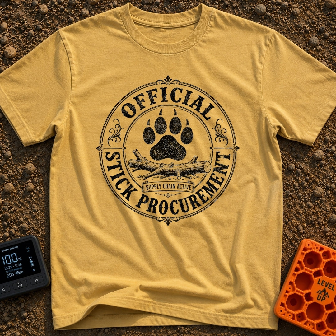 Chief Stick Officer - T-Shirt in Mustard - A vintage-style circular badge design featuring a large paw print hovering...