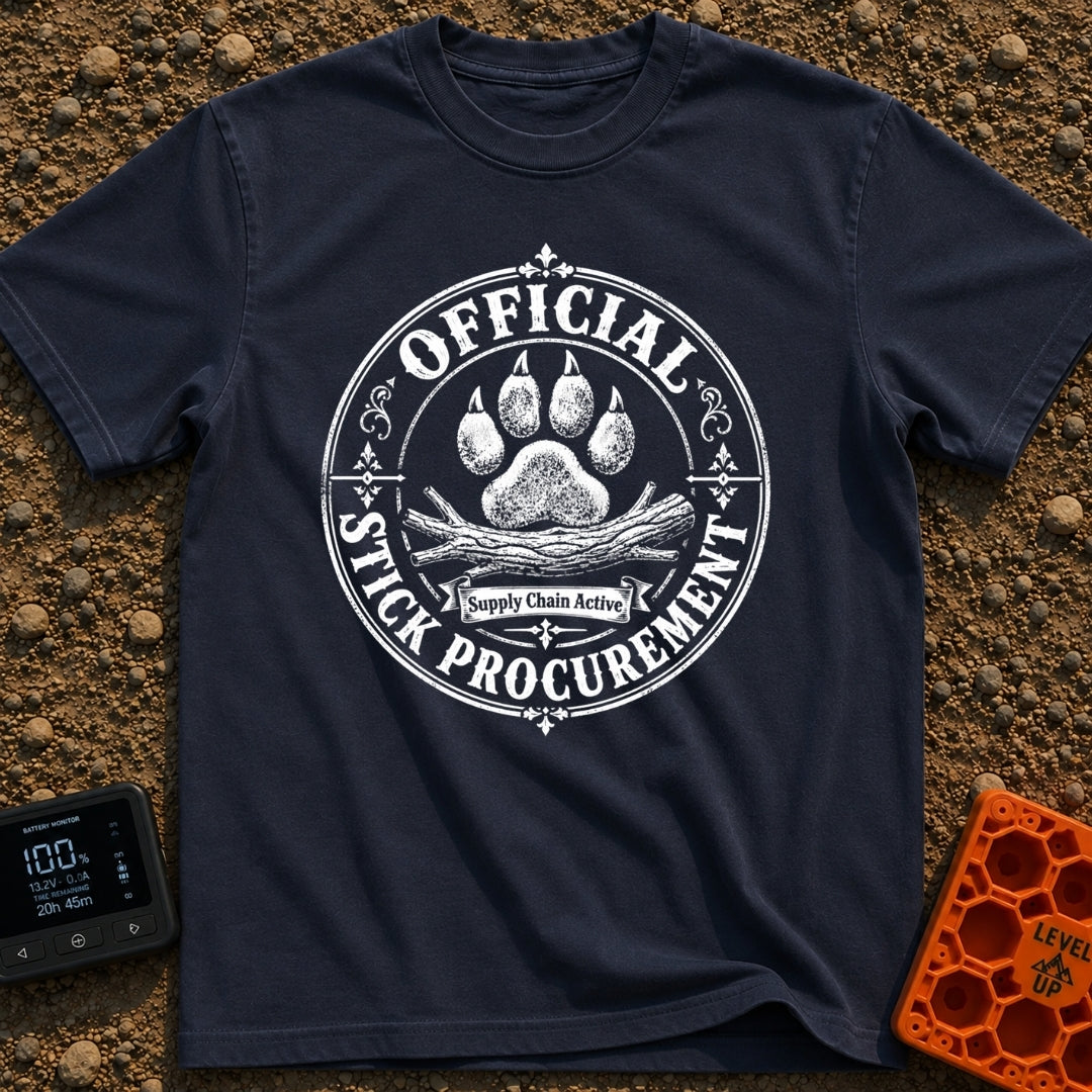 Chief Stick Officer - T-Shirt in Navy - A vintage-style circular badge design featuring a large paw print hovering over a...