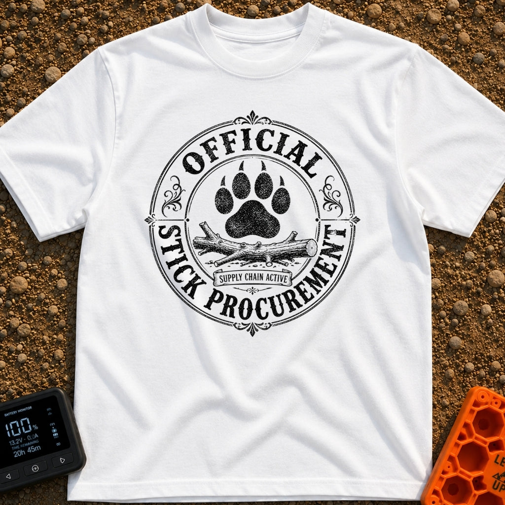 Chief Stick Officer - T-Shirt in White - A vintage-style circular badge design featuring a large paw print hovering over...