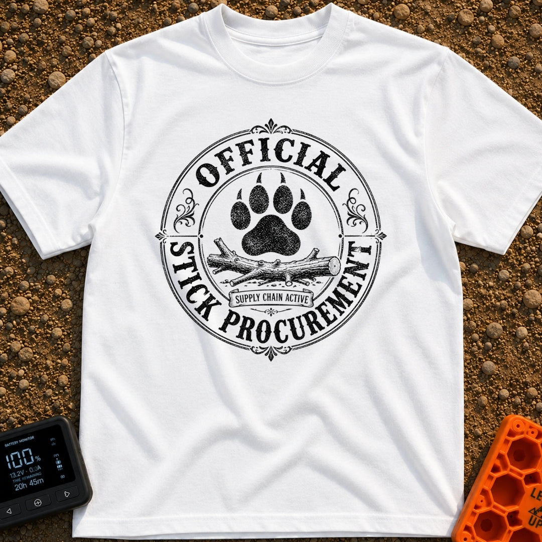 Chief Stick Officer - T-Shirt in White - A vintage-style circular badge design featuring a large paw print hovering over...