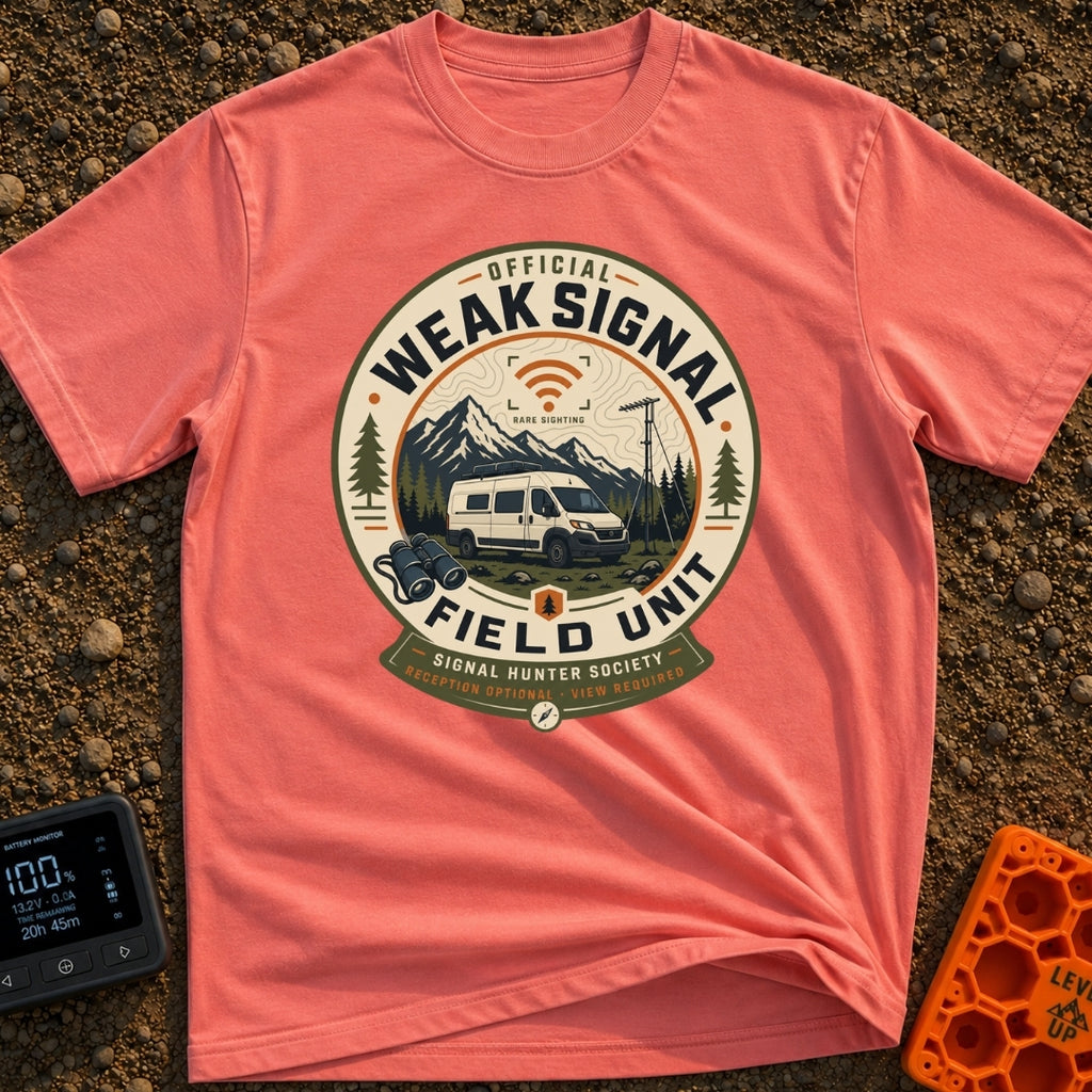 Weak Signal Field Unit - T-Shirt in Watermelon - A round, badge-style illustration of a white camper van parked in a...