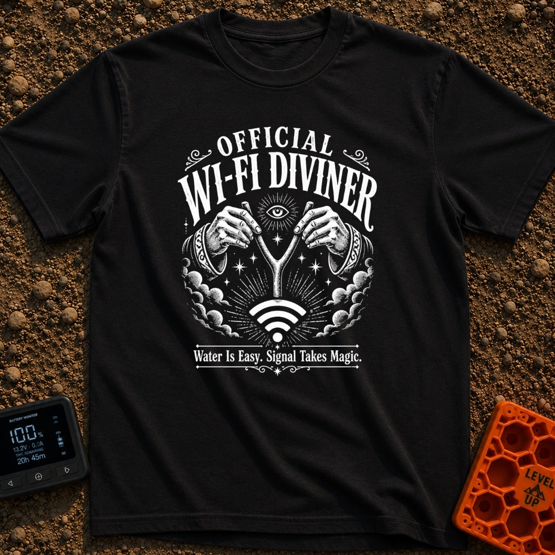 The WiFi Whisperer - T-Shirt in Black - A black and white illustration of two hands wearing star-and-moon-patterned...