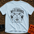 The WiFi Whisperer - T-Shirt in Chambray - A black and white illustration of two hands wearing star-and-moon-patterned...