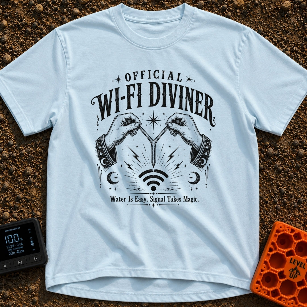The WiFi Whisperer - T-Shirt in Chambray - A black and white illustration of two hands wearing star-and-moon-patterned...
